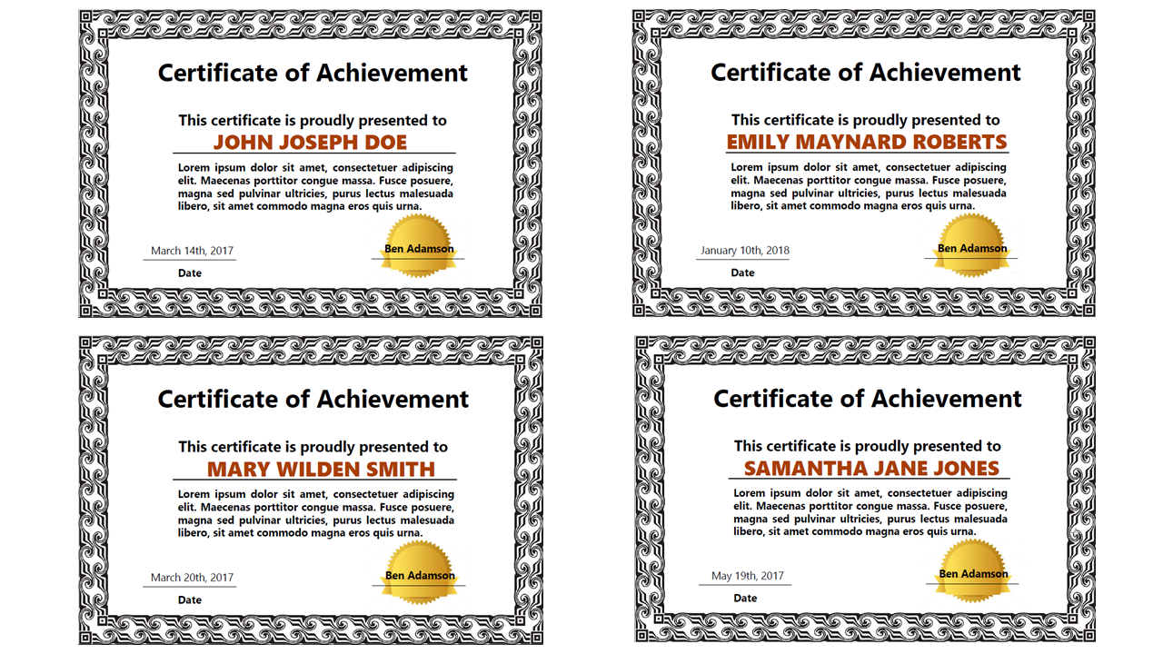 Output PDF achievement certificates examples
